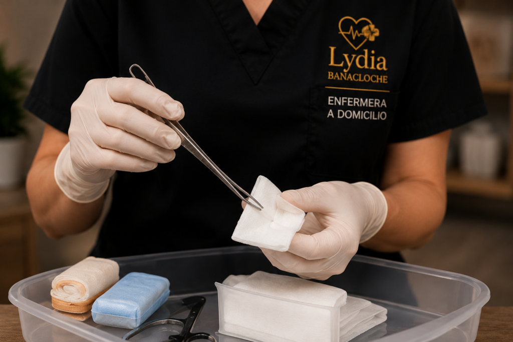 "Enfermera a domicilio preparando material estéril para curas de heridas y cuidados postoperatorios en Camp de Túria."