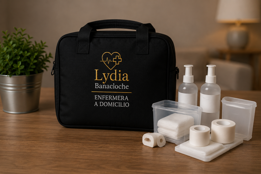 "Enfermera a domicilio preparando material estéril para curas de heridas y cuidados postoperatorios en Camp de Túria."