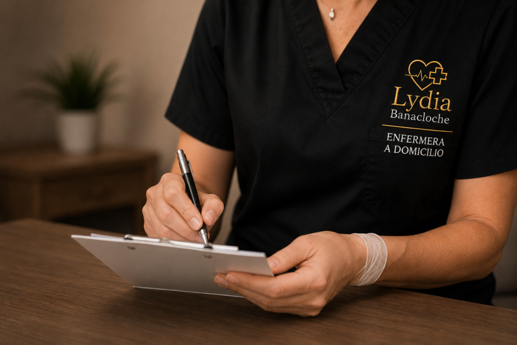 Lydia escribiendo en una ficha, revisando medicación o tomando notas.