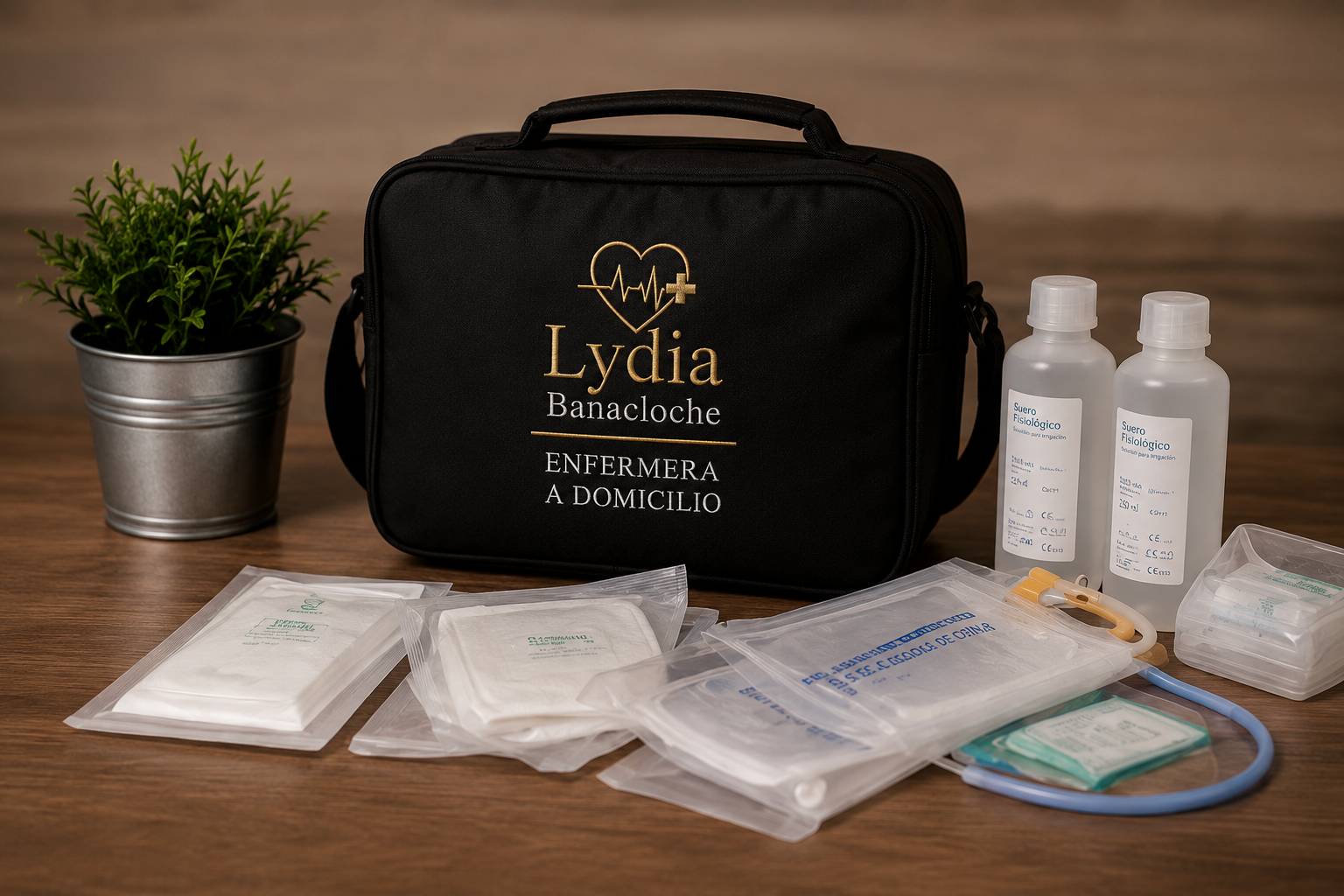 Maletín de enfermería con material estéril para cambio de sonda vesical a domicilio en Camp de Túria, servicio profesional de Lydia Banacloche.