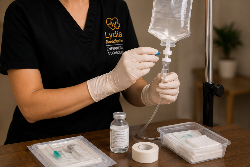 lydia enfermera a domicilio administrando medicación por vía intravenosa