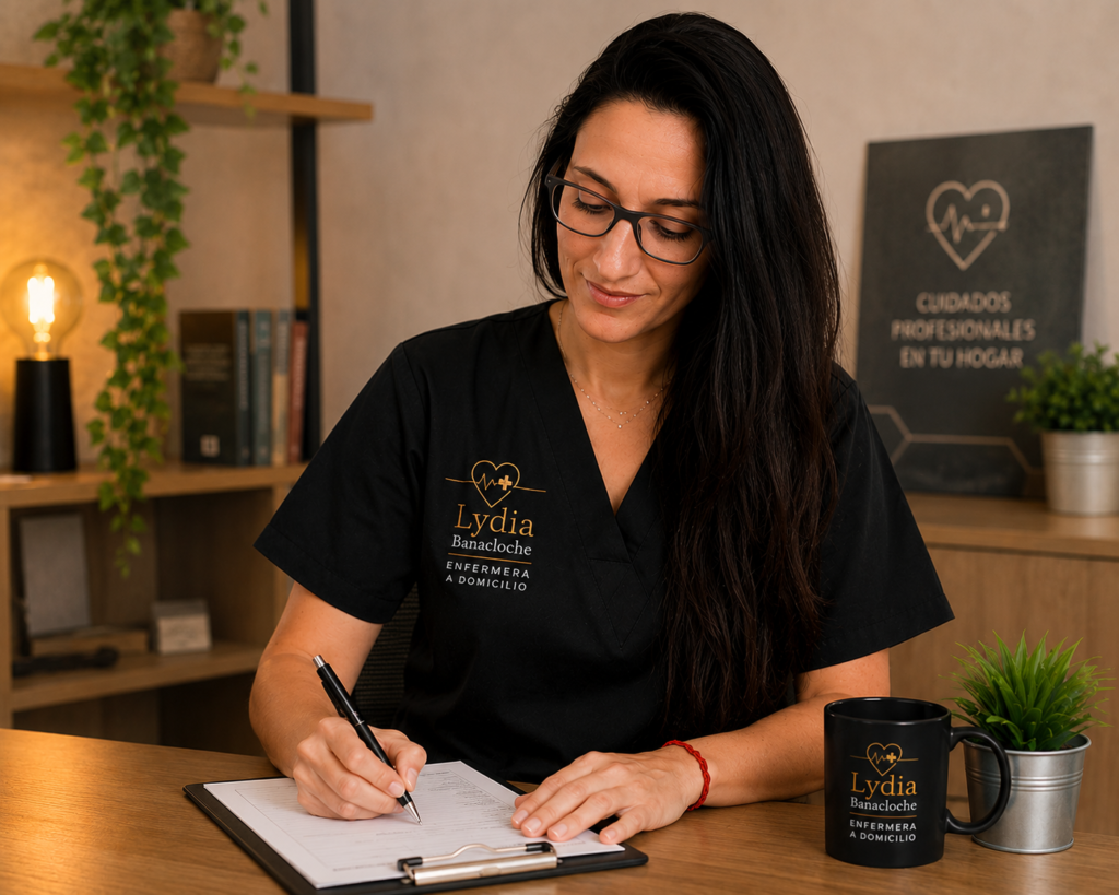 Lydia enfermera escribiendo informe de retirada de puntos y grapas