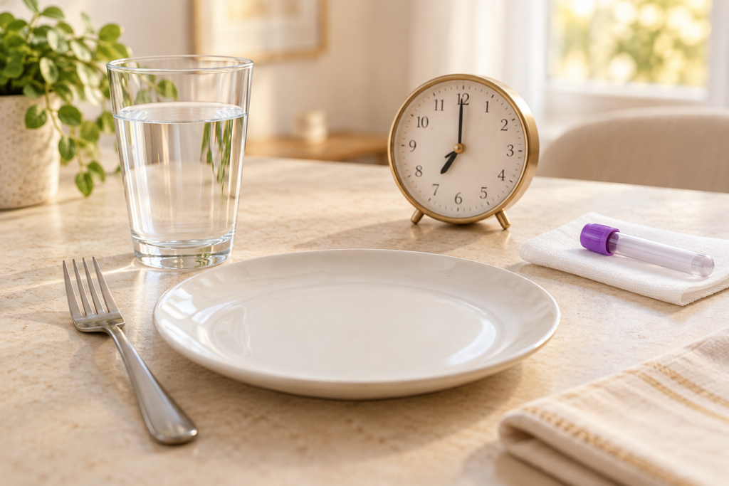 Vaso de agua, reloj y plato vacío representando el ayuno antes de una analítica