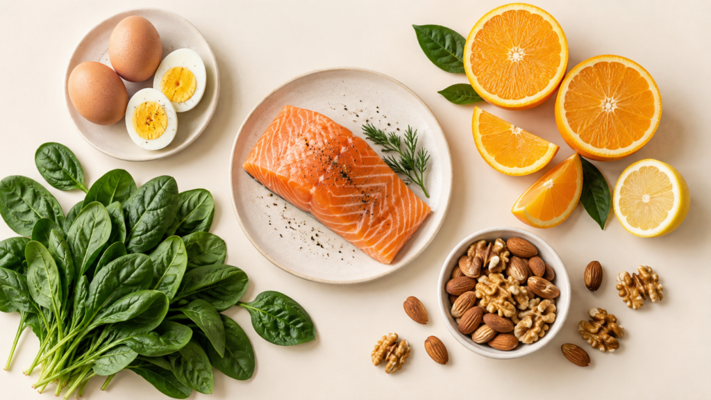 Composición cenital de salmón, huevos, espinacas, cítricos y frutos secos sobre fondo crema.