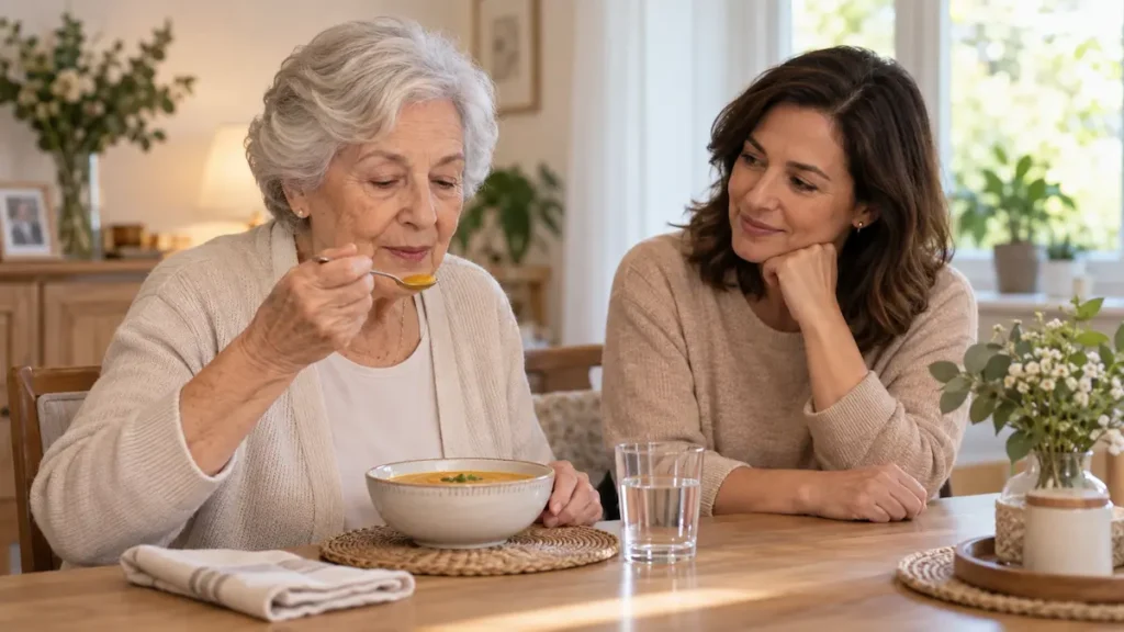 Persona mayor comiendo acompañada para detectar señales de disfagia