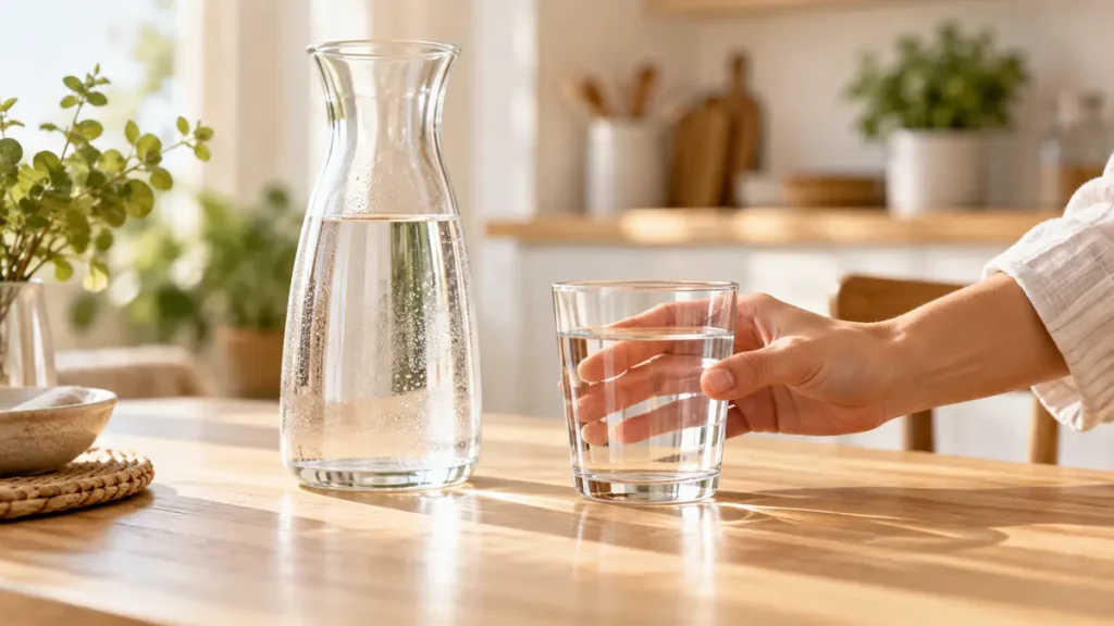 Jarra y vaso de agua para prevenir infecciones urinarias mediante una buena hidratación