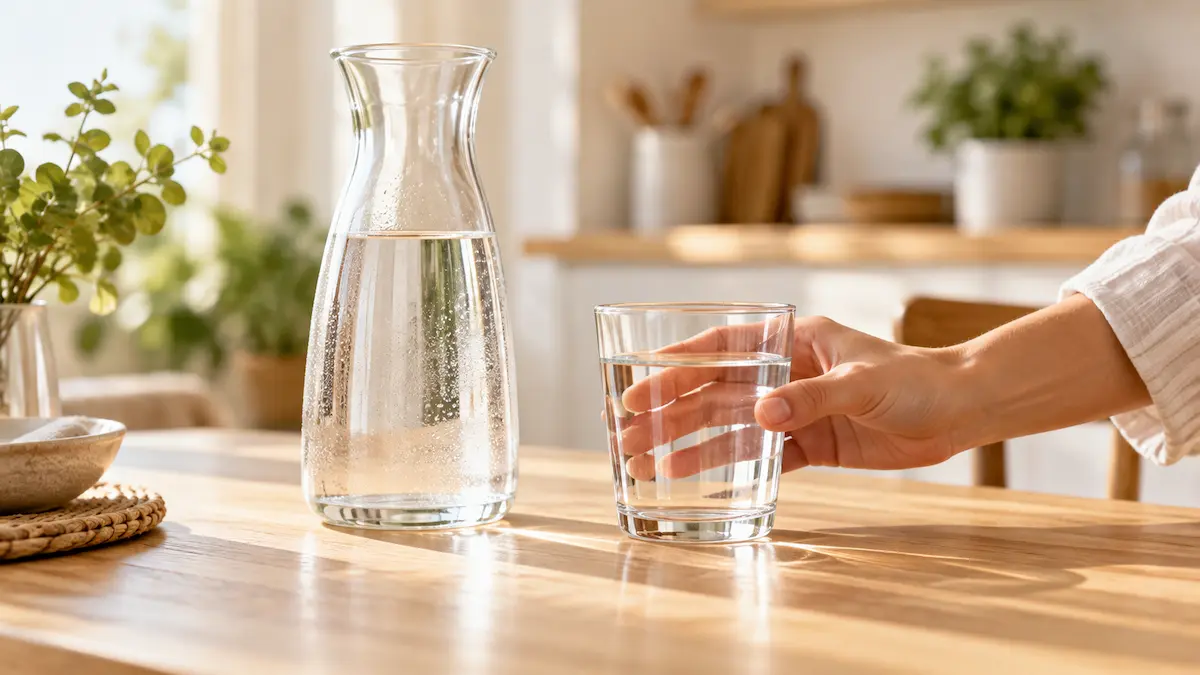 Jarra y vaso de agua para prevenir infecciones urinarias mediante una buena hidratación