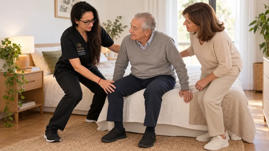 Lydia enseñando a una familiar técnicas de movilización segura en el domicilio