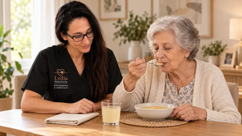 Lydia acompañando a una persona mayor con disfagia durante la comida en su domicilio