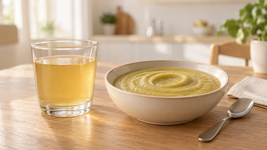 Vaso con líquido espesado y puré de textura homogénea para personas con disfagia